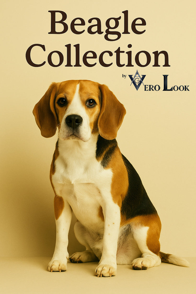 Photo of a Beagle dog sitting against a soft beige background, featured in the “Beagle Collection” by Vero Look — ideal for dog lovers seeking stylish pet-themed clothing and accessories.