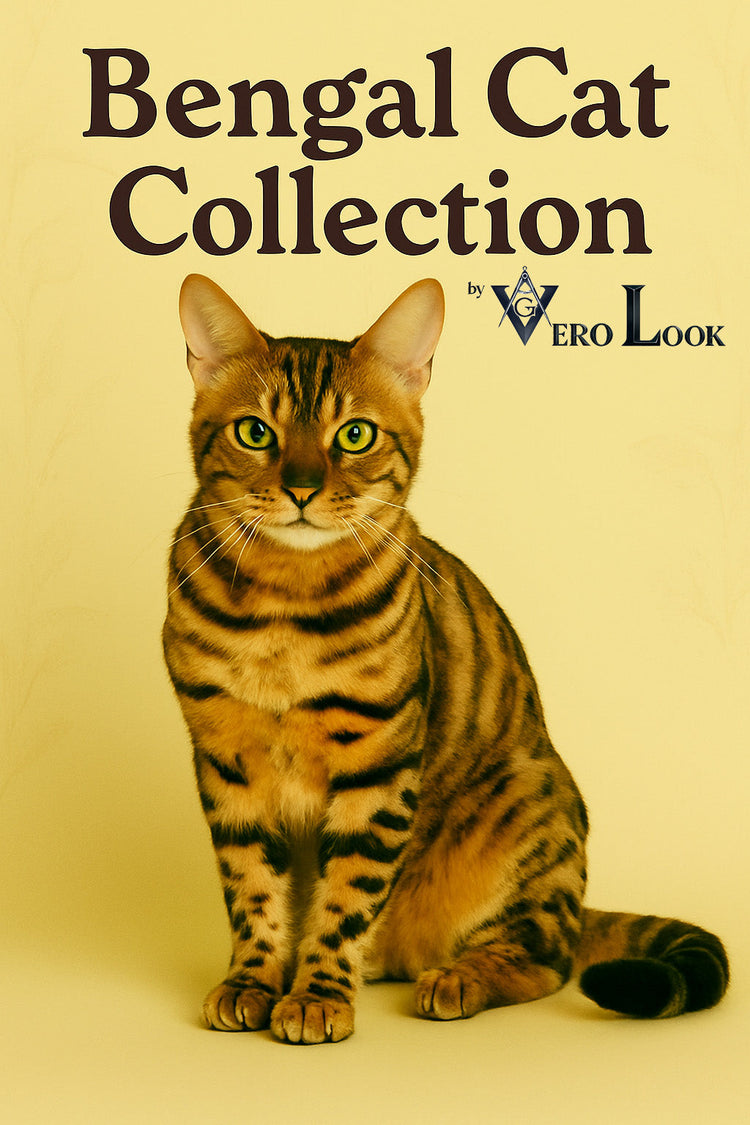 Bengal cat with a golden coat and dark rosettes sits alertly against a beige floral background, featured in the “Bengal Cat Collection” by Vero Look — perfect for bold cat lovers who admire exotic looks and high-energy feline companions.