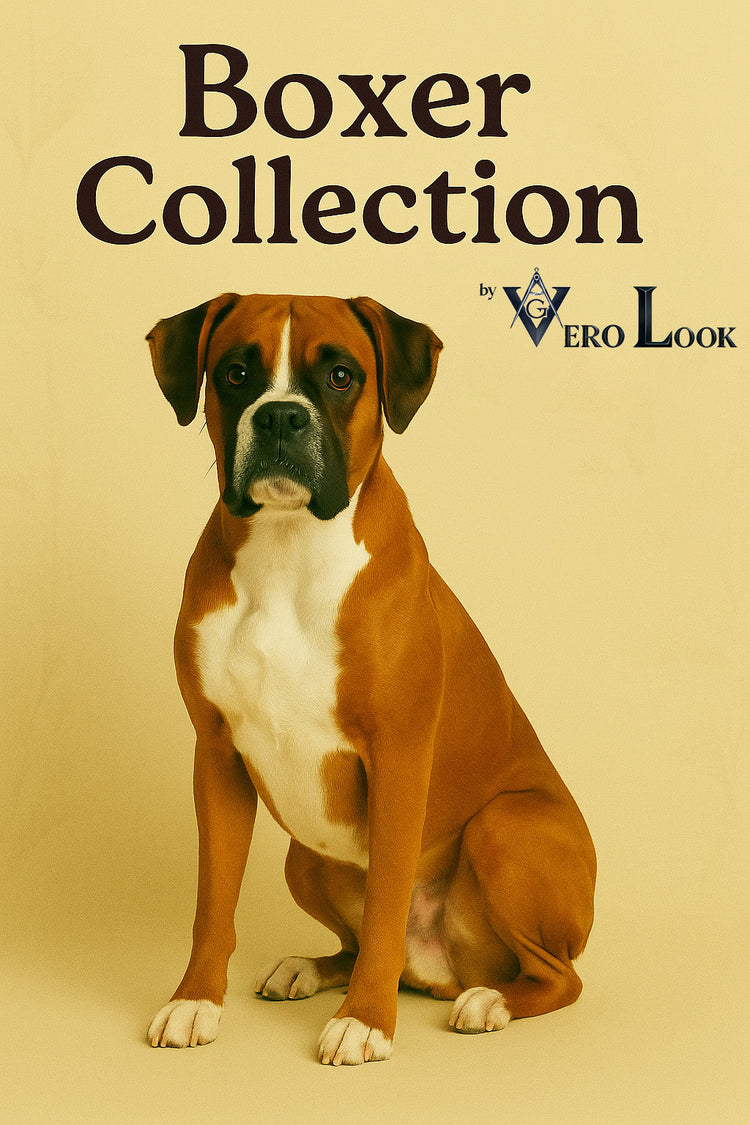 Seated Boxer dog with a fawn and white coat against a soft beige floral background, featured in the “Boxer Collection” by Vero Look — perfect for energetic dog lovers looking for stylish, bold pet-themed apparel and gifts.