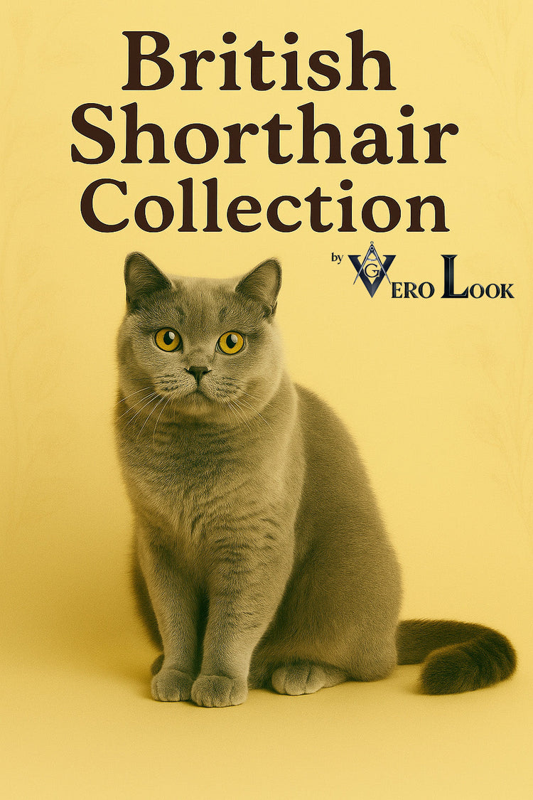 British Shorthair cat with a plush blue-gray coat and bright amber eyes sits upright against a beige floral background, featured in the “British Shorthair Collection” — ideal for cat lovers who appreciate charm, calmness, and classic style.