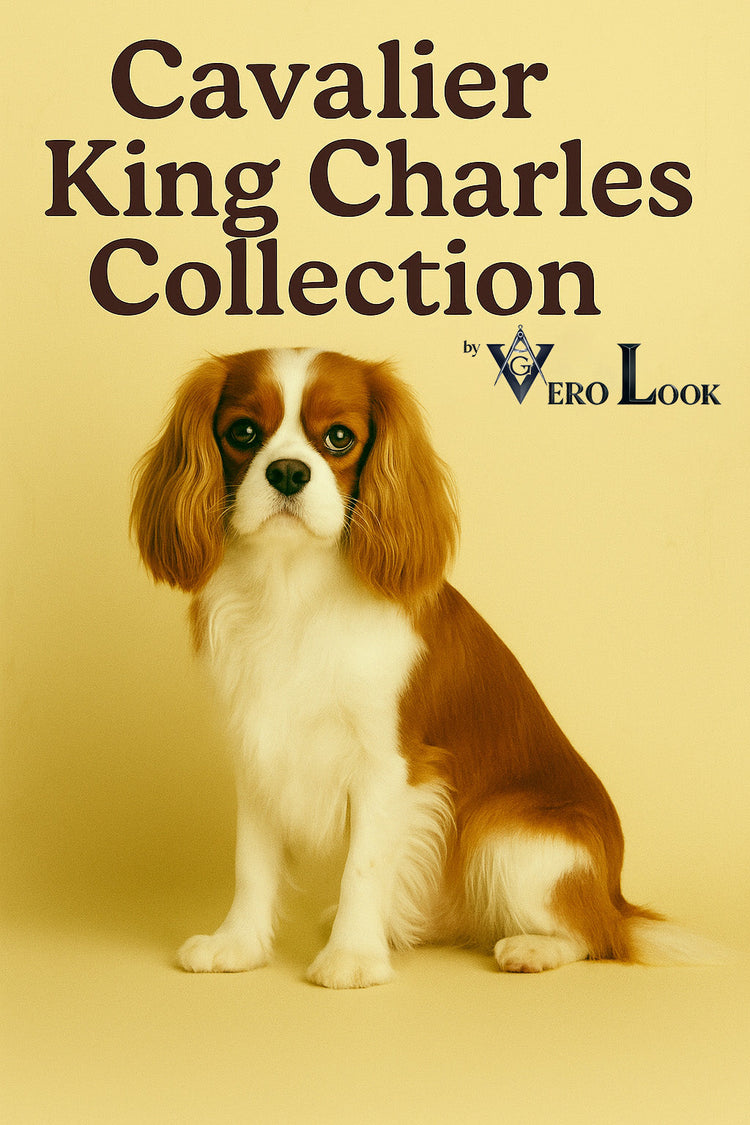 Cavalier King Charles Spaniel with flowing chestnut and white coat sits gracefully against a soft beige floral background, featured in the “Cavalier King Charles Collection” by Vero Look — perfect for lovers of elegant, affectionate dogs.