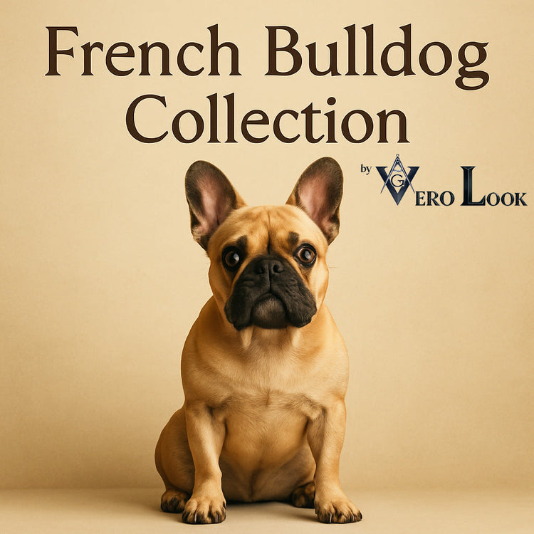 French Bulldog sitting on beige background under the title ‘French Bulldog Collection by Vero Look.’ Ideal for showcasing Frenchie-themed gifts, apparel, and decor.