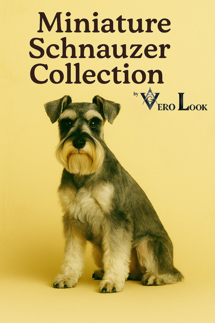 Miniature Schnauzer with a salt-and-pepper coat and signature beard sits against a beige floral background, featured in the “Miniature Schnauzer Collection” by Vero Look — perfect for spirited dog lovers who love bold, stylish apparel and gifts.