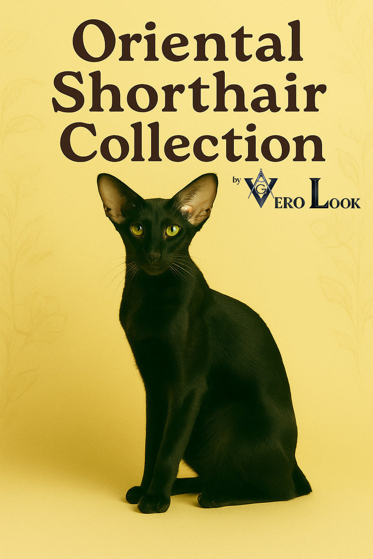 Oriental Shorthair cat with a sleek black coat, large upright ears, and striking green almond-shaped eyes sits poised against a soft beige floral background, featured in the “Oriental Shorthair Collection” by Vero Look — ideal for elegant cat lovers.