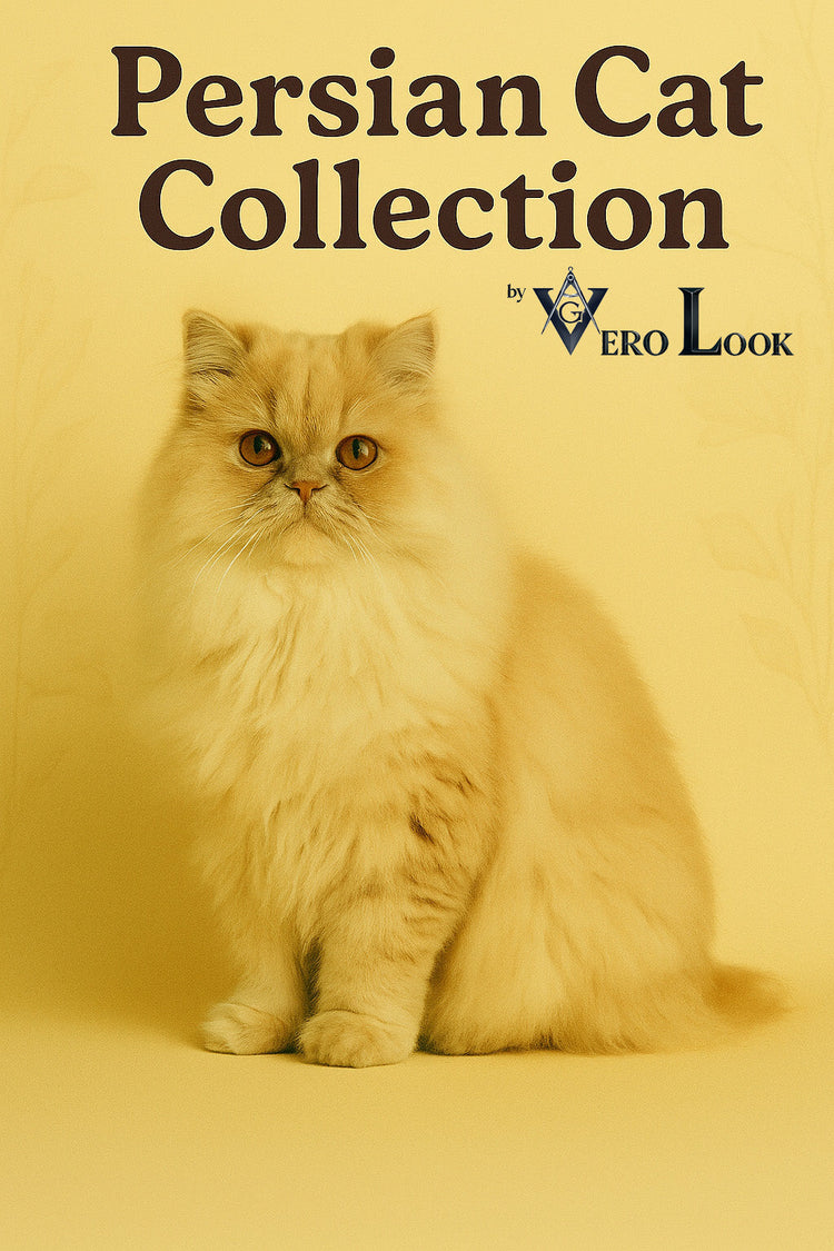 Elegant Persian cat with a thick, cream-colored coat and expressive amber eyes sits gracefully against a soft beige floral background, featured in the “Persian Cat Collection” — perfect for stylish cat lovers who adore fluff and royal charm.
