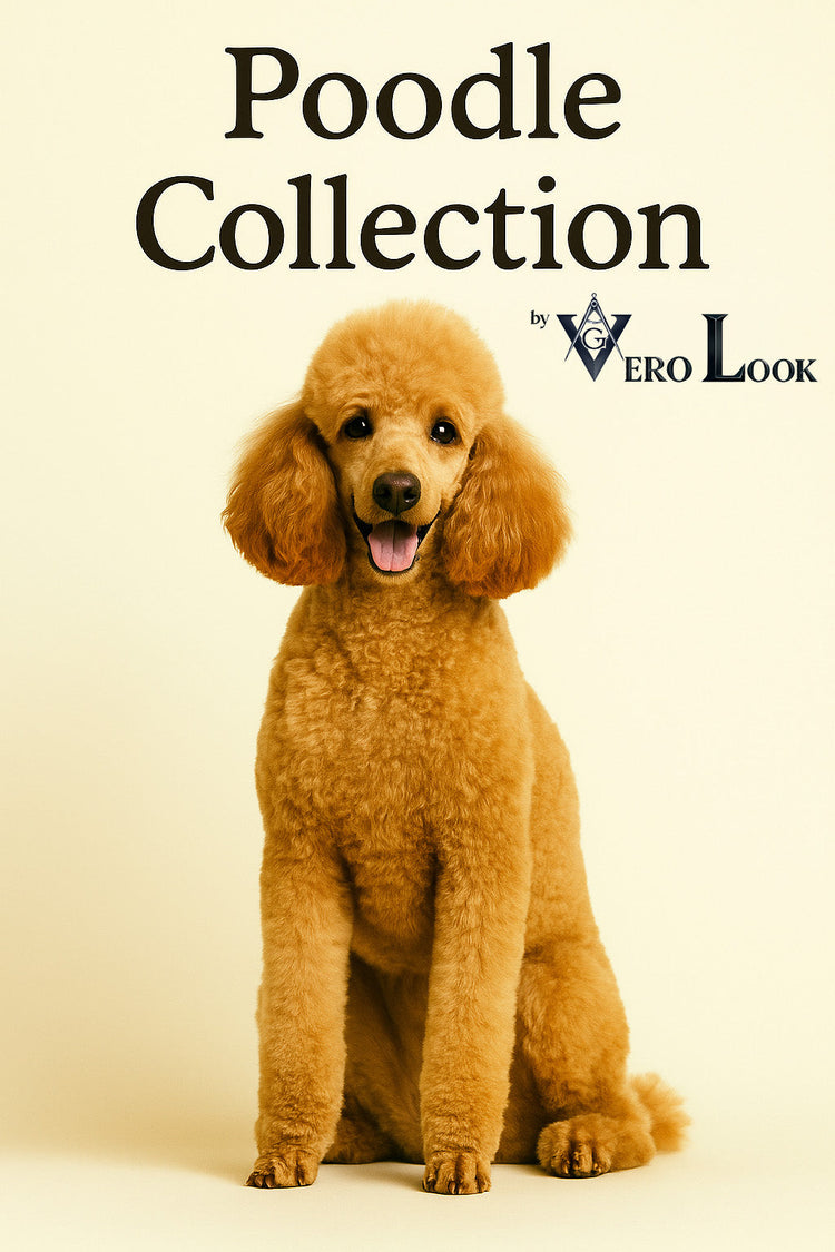 Poodle sitting under the title ‘Poodle Collection by Vero Look.’ Ideal for showcasing poodle-themed gifts, dog mom apparel, and home decor.