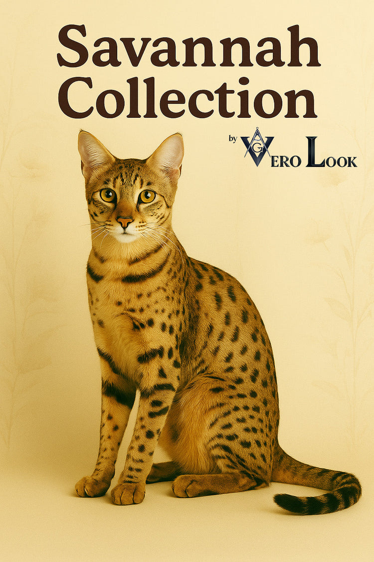 Savannah cat with a tall, athletic build and golden spotted coat sits proudly against a soft beige floral background, featured in the “Savannah Collection” by Vero Look — perfect for cat lovers drawn to exotic beauty and bold feline companionship.