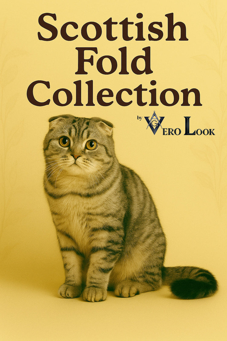 Scottish Fold cat with a silver tabby coat, large round eyes, and signature folded ears sits sweetly against a soft beige floral background, featured in the “Scottish Fold Collection” by Vero Look — ideal for cat lovers who adore soft, round-faced breeds.