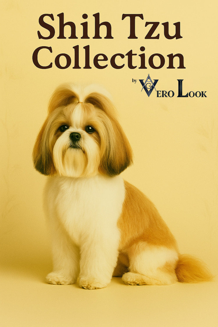 Well-groomed Shih Tzu with white and golden fur sitting against a soft beige floral background, featured in the “Shih Tzu Collection” by Vero Look — ideal for dog lovers who adore elegant, fluffy, royalty-inspired apparel and gifts.