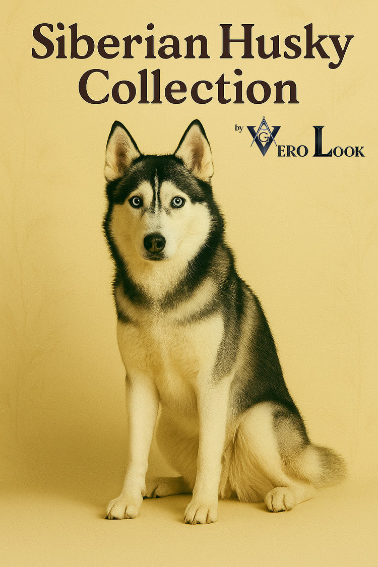 Siberian Husky with icy-blue eyes and a thick black-and-white coat, sitting on a beige floral background under “Siberian Husky Collection” by Vero Look — ideal for dog lovers wanting bold, snow-inspired apparel, gifts, and accessories.