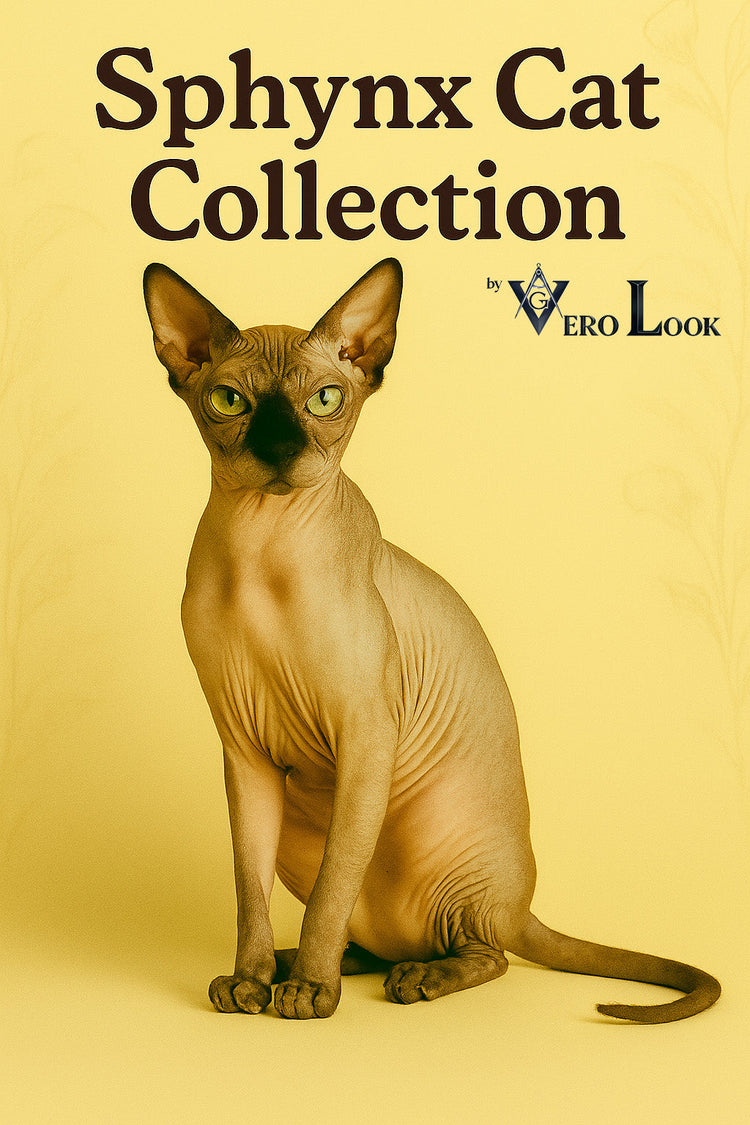 Sphynx cat with peach-toned, wrinkled skin and large green eyes sits confidently against a soft beige floral background, featured in the “Sphynx Cat Collection” by Vero Look — perfect for cat lovers who embrace bold, hairless beauty.