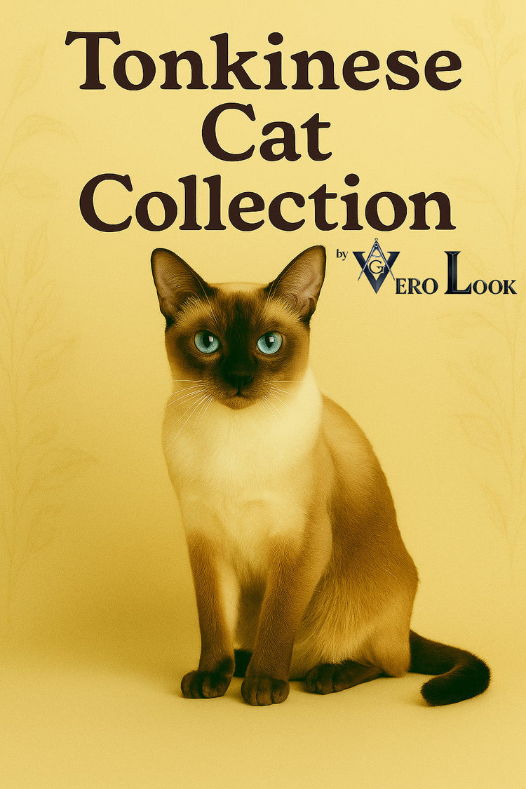 Tonkinese cat with a creamy coat that darkens to rich chocolate at the face and paws, and vibrant aquamarine eyes, sits confidently against a beige floral background — featured in the “Tonkinese Cat Collection” by Vero Look for stylish feline lovers.